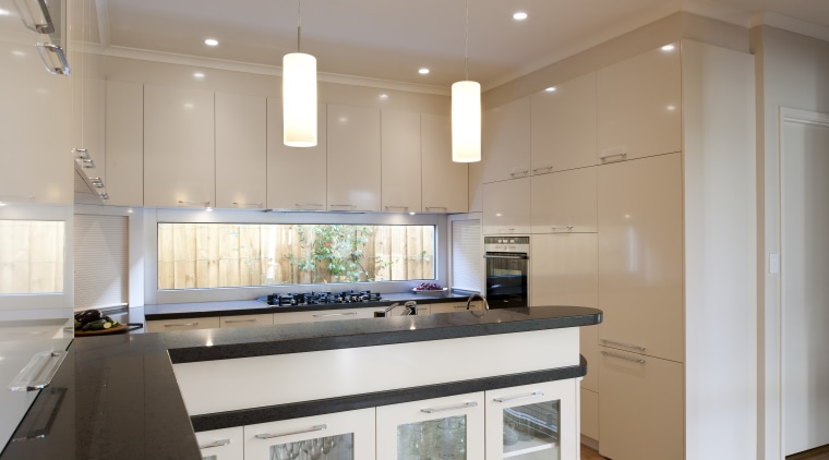 View of contemporary kitchen with white cabinetry and cabinetry, ceiling, countertop, cuisine classique, interior design, kitchen, property, real estate, room, gray