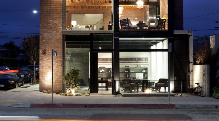 Exterior night shot of contemporary building. - Exterior architecture, building, commercial building, evening, facade, home, house, mixed use, night, real estate, reflection, residential area, sky, black, blue