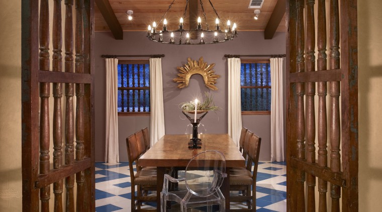 View through doorway to dining area with blue ceiling, estate, home, interior design, living room, lobby, real estate, room, window, brown