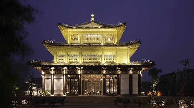 View of exterior at night. - View of architecture, building, chinese architecture, classical architecture, evening, facade, landmark, lighting, night, sky, temple, tourist attraction, blue, black