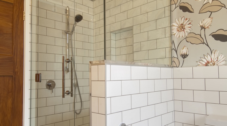 Bathroom shower enclosure with white brick wall and bathroom, ceiling, floor, flooring, home, interior design, plumbing fixture, room, tile, wall, gray, orange