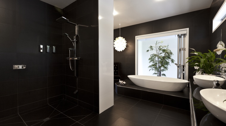 Bathroom with black wall and floor tiles, white architecture, bathroom, floor, home, interior design, room, black