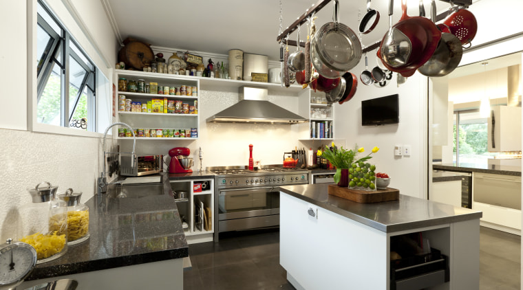 scullery, centre island, pots and pans hanging from countertop, interior design, kitchen, room, white