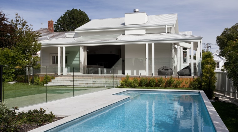 Wide steps lead down from the new additon architecture, estate, facade, home, house, mansion, property, real estate, residential area, roof, swimming pool, villa, window, teal