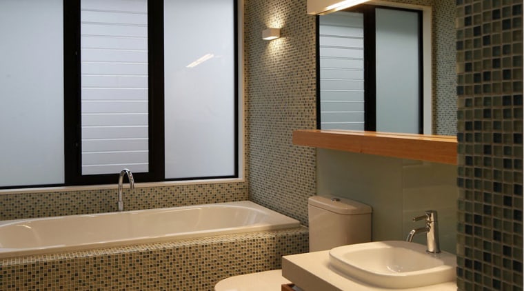 Bathroom with tile mosaic wall and light toned architecture, bathroom, ceiling, daylighting, home, interior design, real estate, room, sink, window, brown