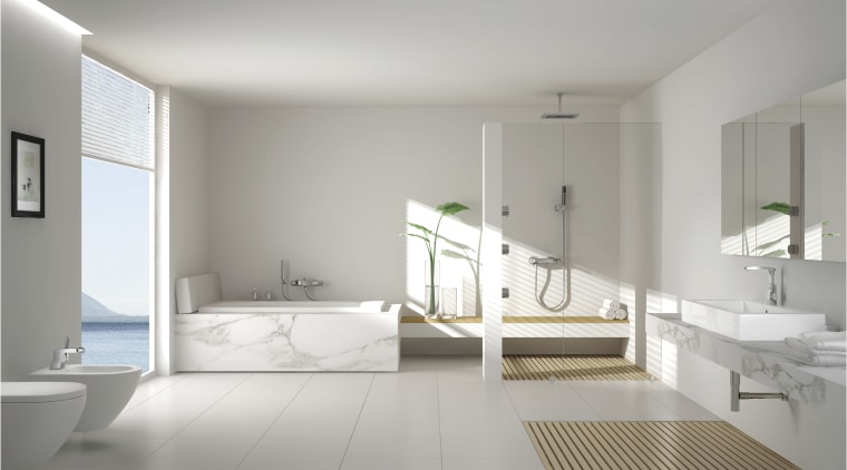 White bathroom with marble bath. - White bathroom architecture, bathroom, bathroom accessory, floor, home, interior design, plumbing fixture, product design, room, sink, tap, tile, gray