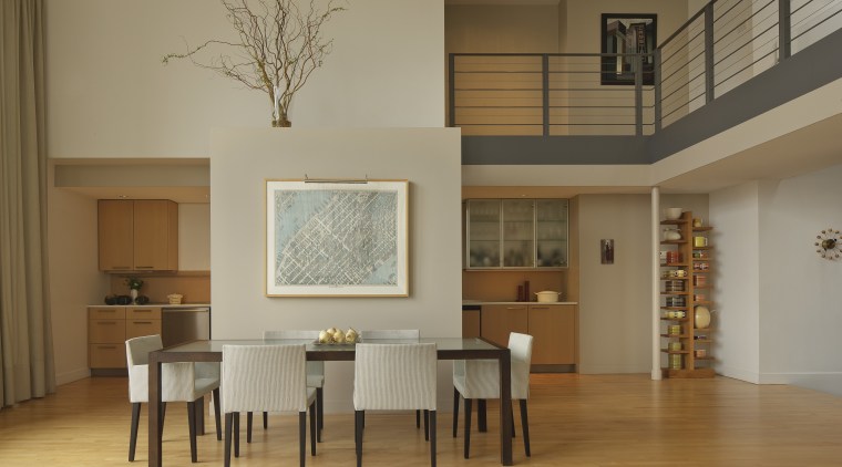 Owner-architect David Hacin teamed wood with metal and architecture, ceiling, dining room, floor, flooring, furniture, hardwood, interior design, living room, room, table, window, wood flooring, brown, orange