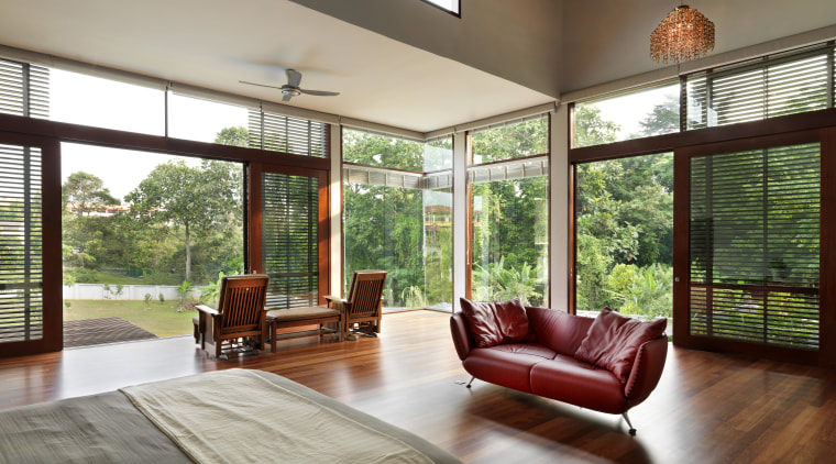 This master bedroom has a peaceful air, matching architecture, ceiling, daylighting, door, estate, floor, flooring, hardwood, home, house, interior design, living room, real estate, window, wood, wood flooring, gray