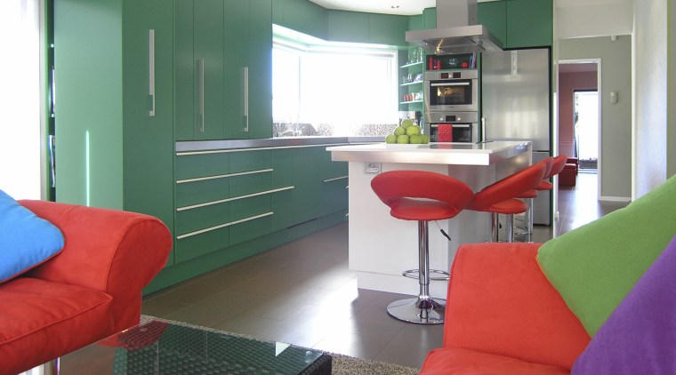 Green and red kitchen. - Green and red architecture, furniture, home, house, interior design, living room, real estate, room, table, white