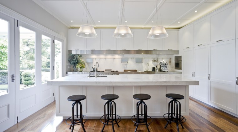 Positioning the island in this new kitchen at ceiling, countertop, daylighting, dining room, floor, flooring, interior design, kitchen, real estate, room, window, wood flooring, gray