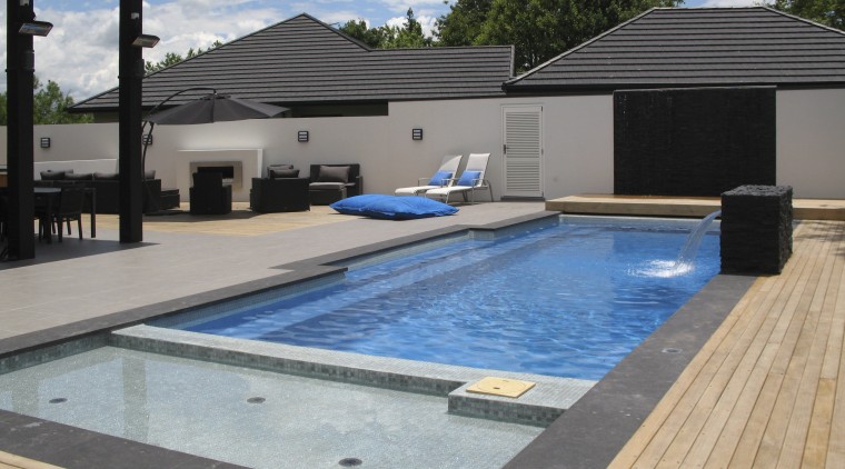 Overlook of pool with chairs. - Overlook of house, leisure, property, real estate, roof, swimming pool, water, gray