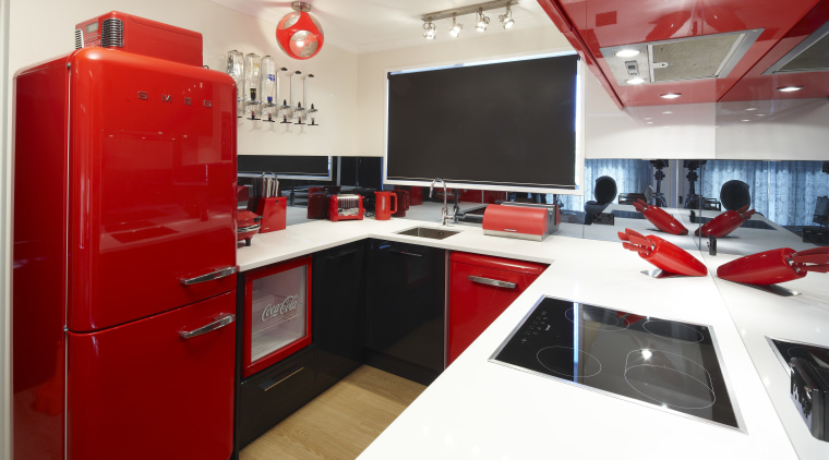Kitchen view, including fridge. - Kitchen view, including interior design, red, white, red