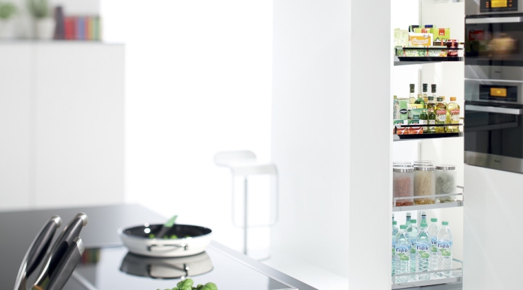 View of kitchen with open pantry. - View furniture, home appliance, interior design, kitchen appliance, product, product design, refrigerator, shelf, shelving, small appliance, table, white