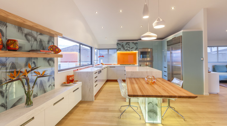 Decorative printed glass panels enliven this kitchen wall, architecture, ceiling, house, interior design, real estate, orange