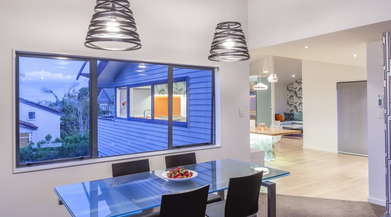 Dining area of open plan kitchen designed and interior design, real estate, table, gray