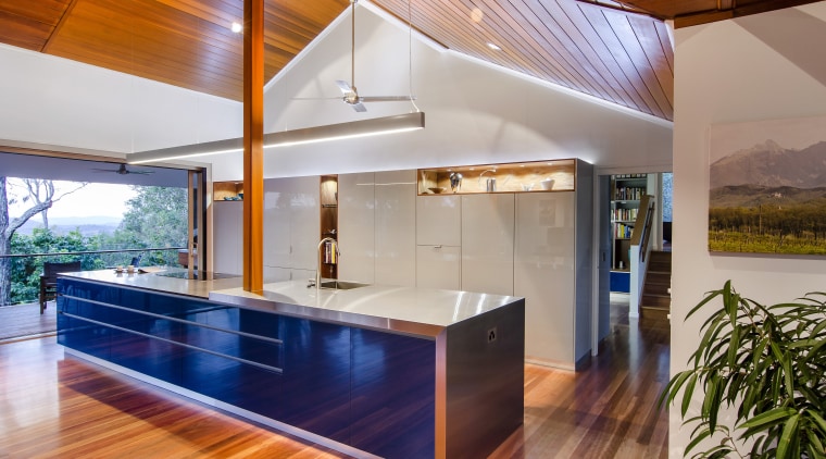 This kitchen is open to the view on architecture, ceiling, daylighting, estate, hardwood, home, house, interior design, kitchen, real estate, wood, gray