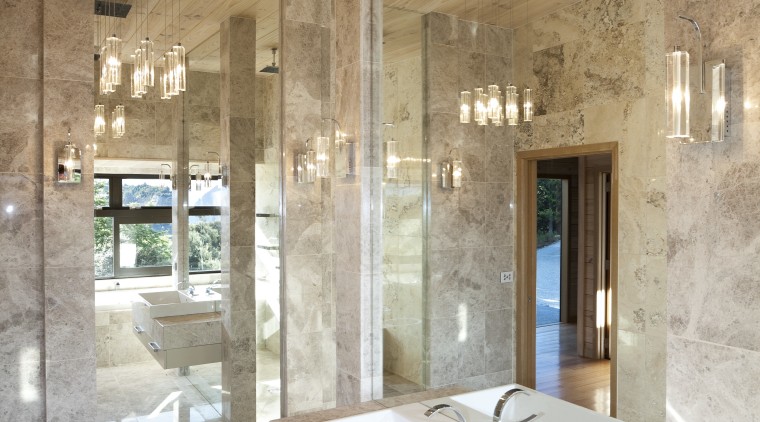In this new bathroom, translucent light fittings pick architecture, bathroom, ceiling, daylighting, estate, floor, home, interior design, tile, white