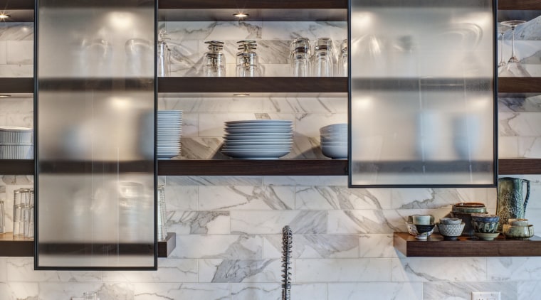 This layered kitchen by interior designer Allison Baskes cabinetry, countertop, glass, interior design, kitchen, shelf, shelving, gray
