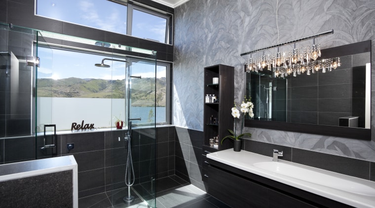 The flooring for this Otago home was chosen architecture, bathroom, interior design, property, room, black, gray