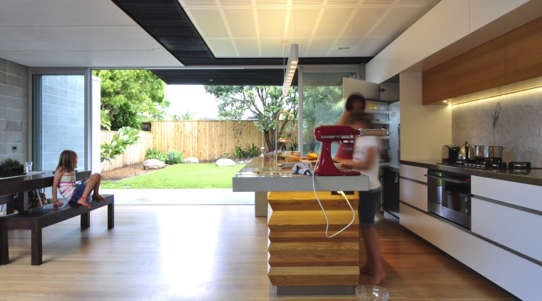 A view of a modern kitchen with Fisher flooring, house, interior design, real estate, gray