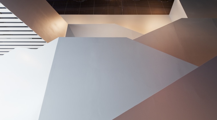The grand staircase in Cleveland's Museum of Contemporary angle, architecture, ceiling, daylighting, floor, light, line, product design, gray
