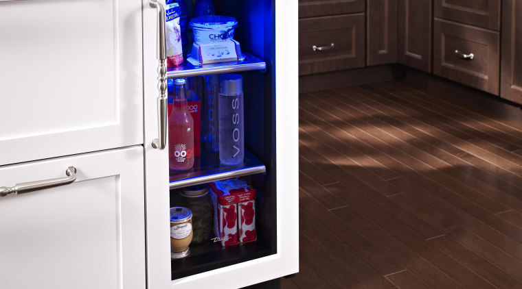 Wine refrigerator from the True Professional Series, a cabinetry, countertop, floor, flooring, hardwood, home appliance, kitchen, kitchen appliance, major appliance, product, refrigerator, red, white