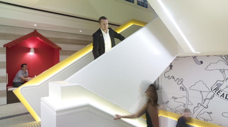 In the new Lion office fit-out in Sydney, architecture, ceiling, daylighting, design, floor, flooring, furniture, house, interior design, lighting, product design, room, stairs, table, white, gray