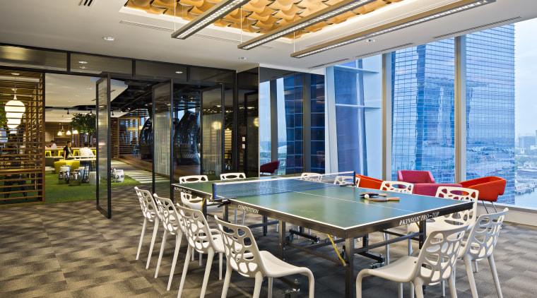 Large pivoting doors can separate the conference room interior design, real estate, table, gray