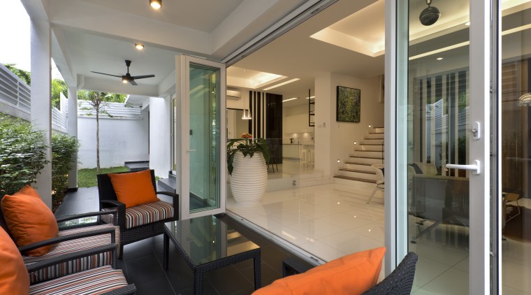White walls and a matching porcelain-tiled floor enhance estate, interior design, living room, property, real estate, window, gray