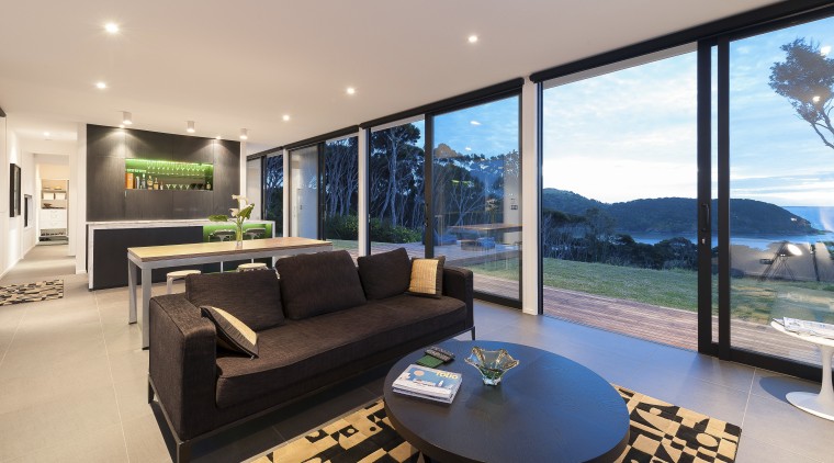 Modern Modular home open plan living with indoor/outdoor architecture, home, house, interior design, living room, property, real estate, window, gray