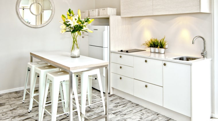 Soft neutrals and whites feature in the living countertop, cuisine classique, floor, flooring, furniture, home, interior design, kitchen, product design, table, white