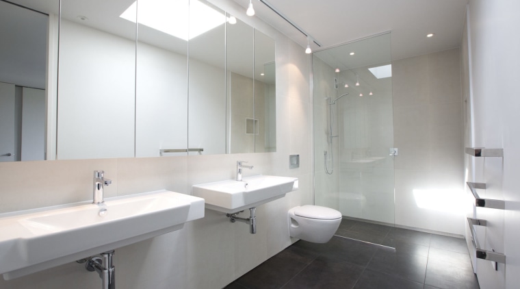 bathroom at The Life at Home street of architecture, bathroom, floor, interior design, plumbing fixture, product design, property, real estate, room, sink, gray, white