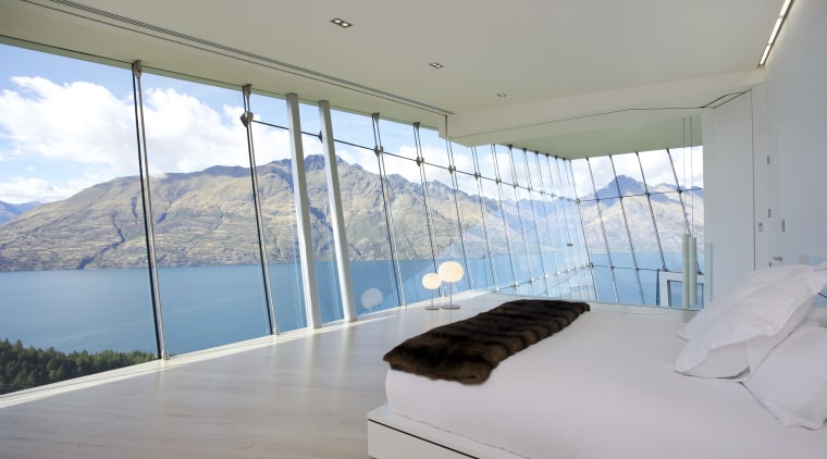 Bedrooms in this hilltop house in Queenstown are architecture, home, house, interior design, property, real estate, window, gray