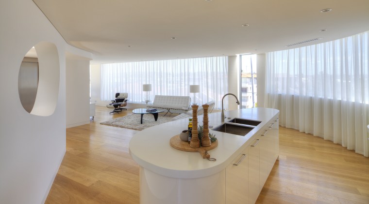 In this modern penthouse kitchen, storage, a dishwasher apartment, architecture, ceiling, daylighting, estate, floor, flooring, house, interior design, property, real estate, room, gray