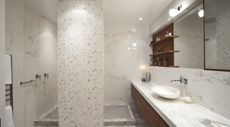 This internal bathroom in a penthouse apartment was bathroom, floor, interior design, property, room, sink, tile, gray