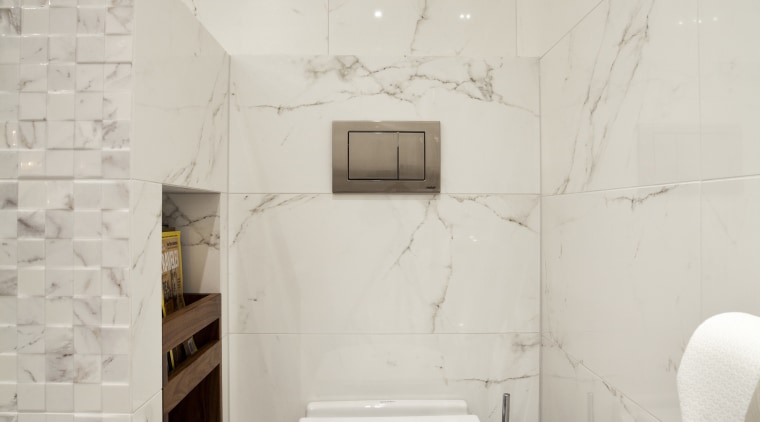 Walnut shelves feature in a niche in a bathroom, bidet, ceramic, floor, interior design, plumbing fixture, product design, room, sink, tap, tile, toilet, toilet seat, wall, gray