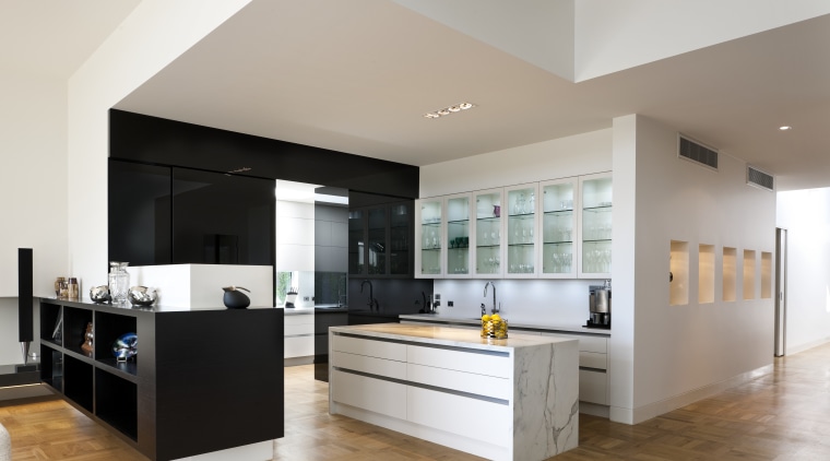 This kitchen, designed by Clive Champion, is in countertop, floor, interior design, kitchen, living room, real estate, room, gray