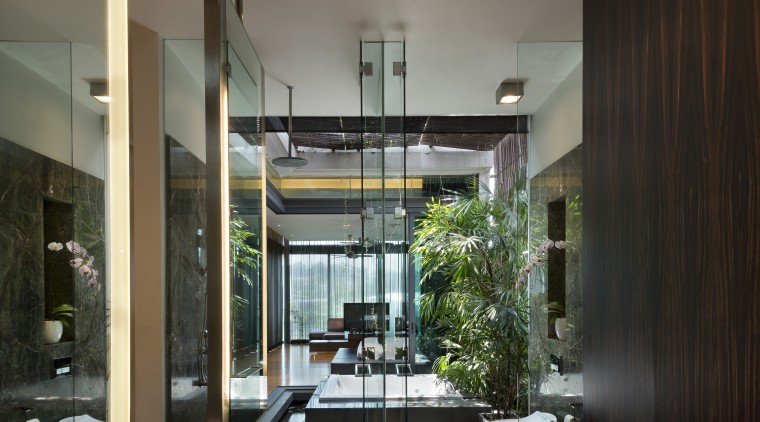 Glass walls allow a view right through this architecture, ceiling, condominium, home, house, interior design, living room, lobby, black, gray