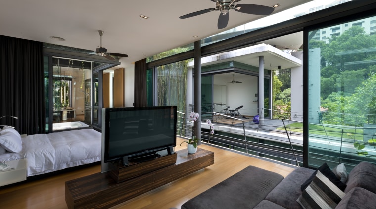 Entire glass walls in this master bedroom can home, house, interior design, living room, property, real estate, window, gray, black