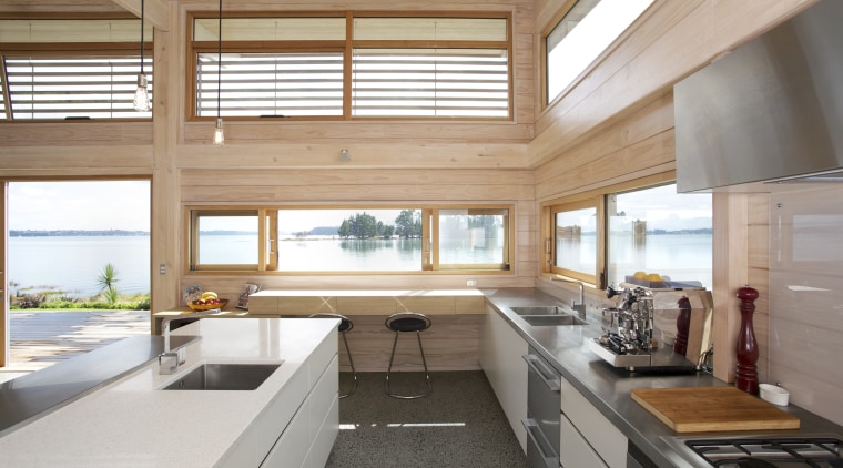 Rift Melamine cabinets harmonise with the blonded timber countertop, daylighting, house, interior design, kitchen, real estate, window, wood, white