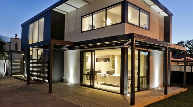 James Hardie heads cost-effective home solution - James architecture, building, commercial building, elevation, estate, facade, home, house, mixed use, property, real estate, residential area, sky, window, black, blue