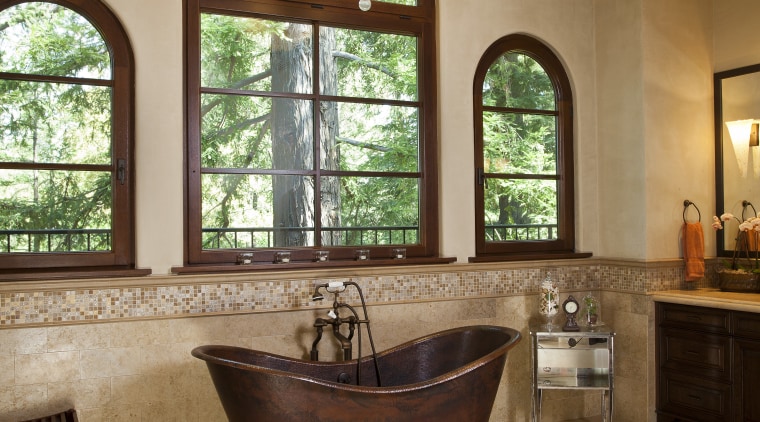 A frieze of mosiac tiles runs along the bathroom, ceiling, estate, floor, flooring, home, interior design, living room, real estate, room, tile, window, wood flooring, orange, brown