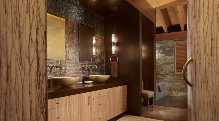 Doors to this bathroom in a mountain house bathroom, cabinetry, ceiling, home, interior design, room, wall, wood, brown