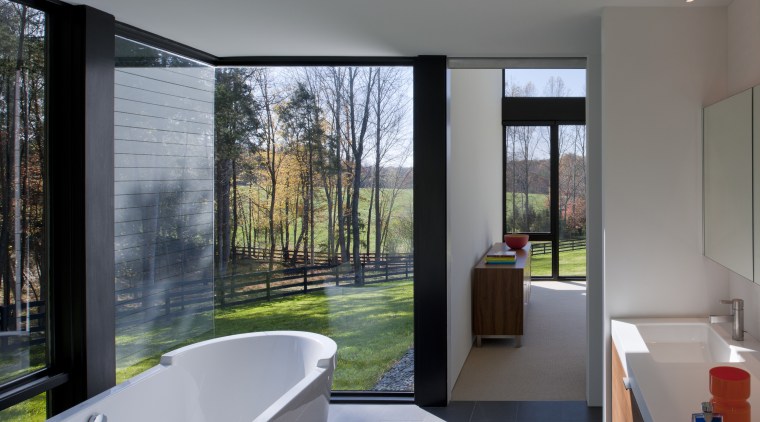 The master bathroom in this modern country house architecture, bathroom, home, house, interior design, real estate, room, window, gray