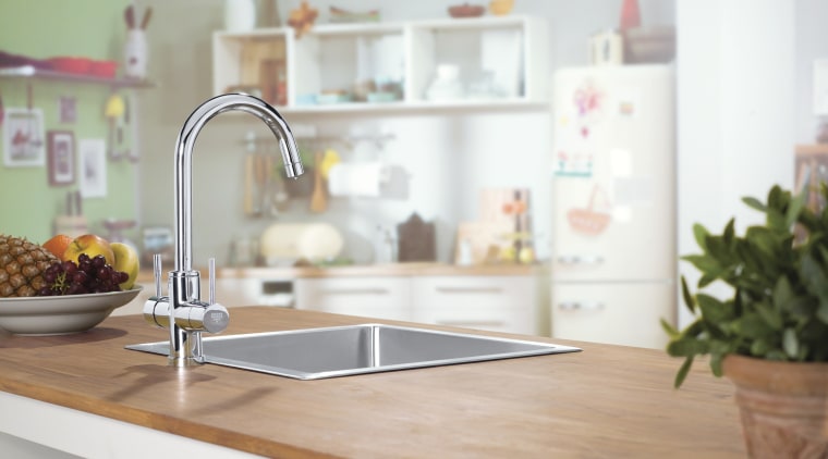 Filtered water in recommnded for cooking by master countertop, interior design, kitchen, room, sink, small appliance, tap, white, gray