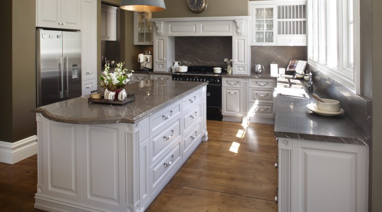 This traditional workspace is by Wonderful Kitchens cabinetry, countertop, cuisine classique, floor, flooring, furniture, hardwood, interior design, kitchen, laminate flooring, room, wood flooring, wood stain, brown, gray, white