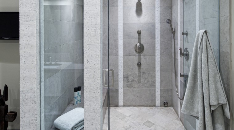 To add interest to this new shower area, bathroom, floor, interior design, plumbing fixture, room, shower, tile, gray