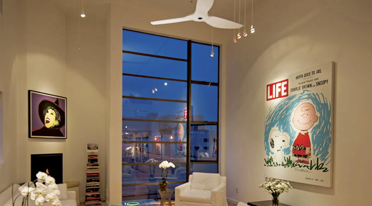 Haiku fan offers quiet, smooth operation - Haiku ceiling, exhibition, home, interior design, room, window, brown, orange