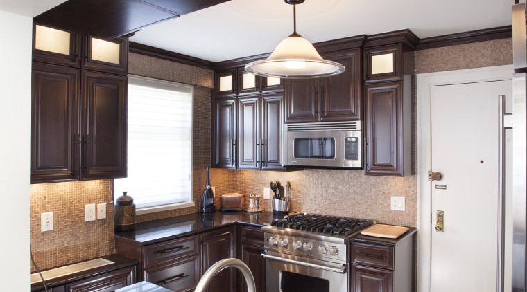 To open up this small kitchen to the cabinetry, countertop, cuisine classique, home, interior design, kitchen, living room, real estate, room, white, black