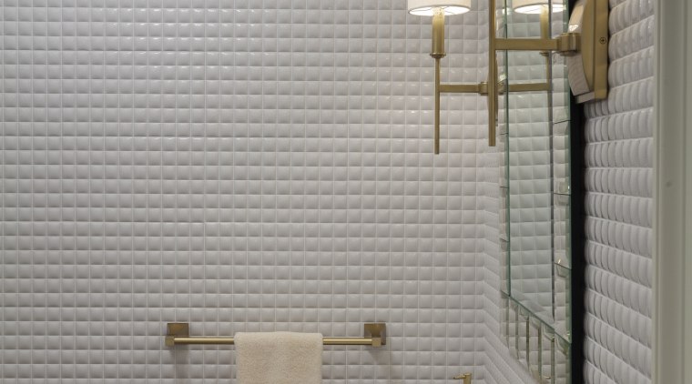 Glossy white mosaic tiles in this renovated powder bathroom, daylighting, floor, interior design, plumbing fixture, product design, room, sink, tap, tile, wall, gray